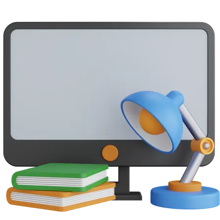 3 D Rendering Computer With Books And Desk Lamp Isolated 3D Icon