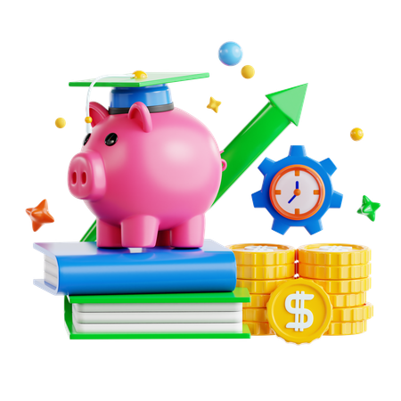 Conceito de crescimento financeiro com cofrinho e educação  3D Icon