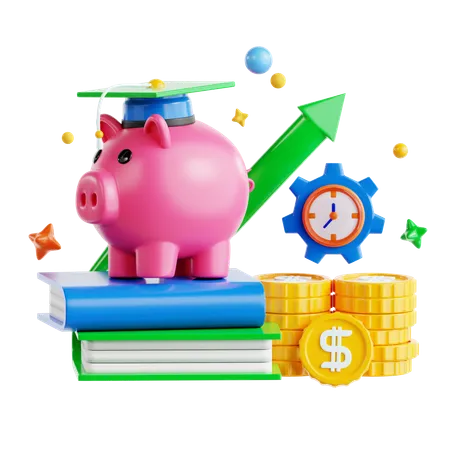 Conceito de crescimento financeiro com cofrinho e educação  3D Icon