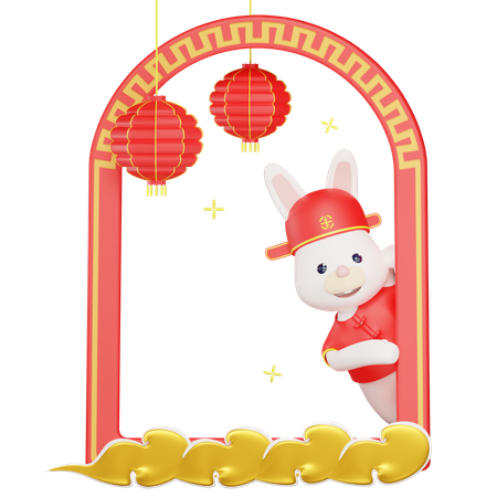 Conejo chino sale por la ventana.  3D Illustration