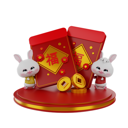 Conejo chino trae angpao  3D Illustration