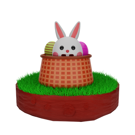 Conejo de Pascua en canasta con huevos  3D Illustration