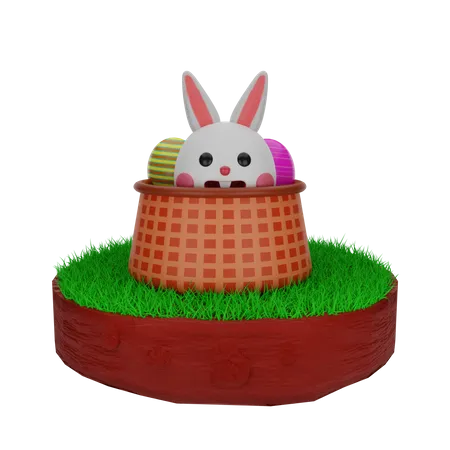 Conejo de Pascua en canasta con huevos  3D Illustration