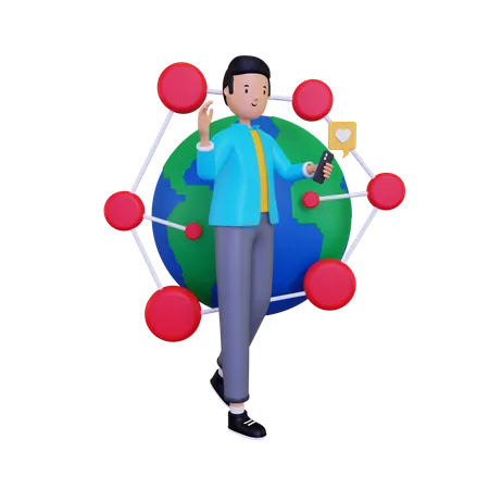 Mundo 3 D Conectado Via Movil 3D Illustration
