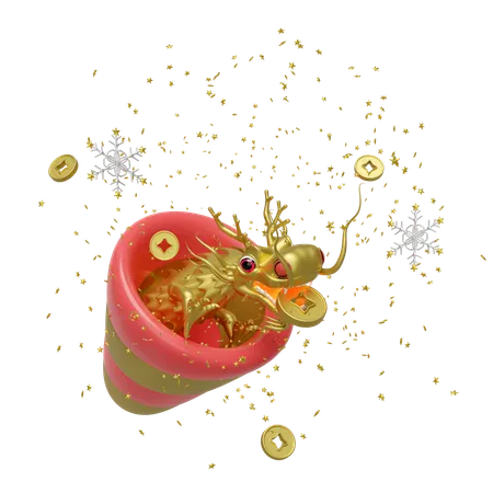 3 D Firecrackers Festive With Confetti Chinese Dragon Gold Coins Chinese New Year 2024 Capricorn 3 D Render Illustration 3D Icon
