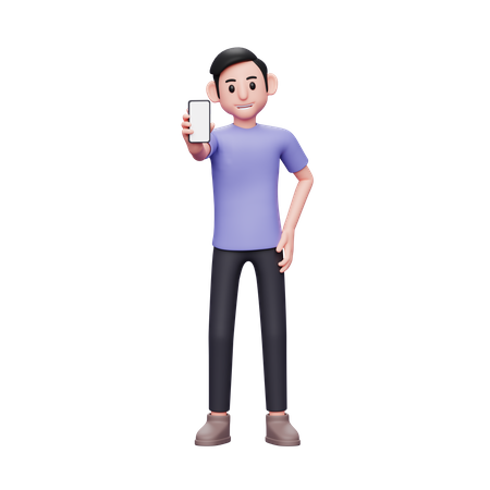 Confident casual man holding and showing phone screen and left hand on waist  3D Icon