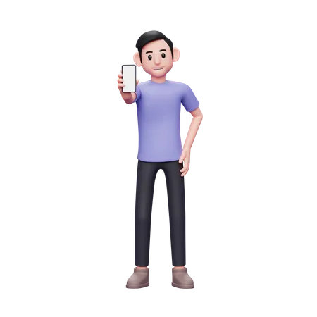 Confident casual man holding and showing phone screen and left hand on waist 3D Illustration