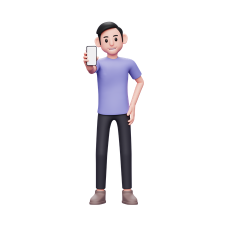 Confident casual man holding and showing phone screen and left hand on waist  3D Illustration