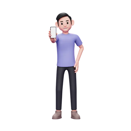 Confident casual man holding and showing phone screen and left hand on waist  3D Illustration