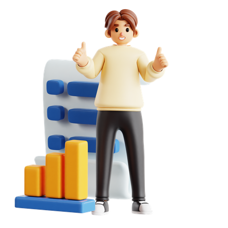 Confident Man Giving Thumbs Up With Bar Graph And Analytics  3D Illustration