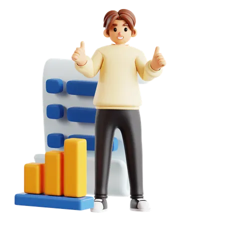 Confident Man Giving Thumbs Up With Bar Graph And Analytics  3D Illustration