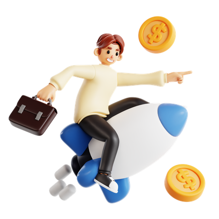 Confident Man Riding Rocket With Coins  3D Icon