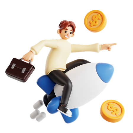 Confident Man Riding Rocket With Coins  3D Illustration