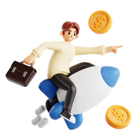 Confident Man Riding Rocket With Coins  3D Illustration