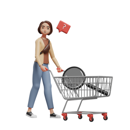 Jeune femme confuse poussant le chariot avec une loupe  3D Illustration