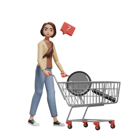 Jeune femme confuse poussant le chariot avec une loupe  3D Illustration