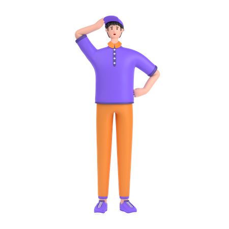 Confused boy holding hands on waist pose 3D Illustration