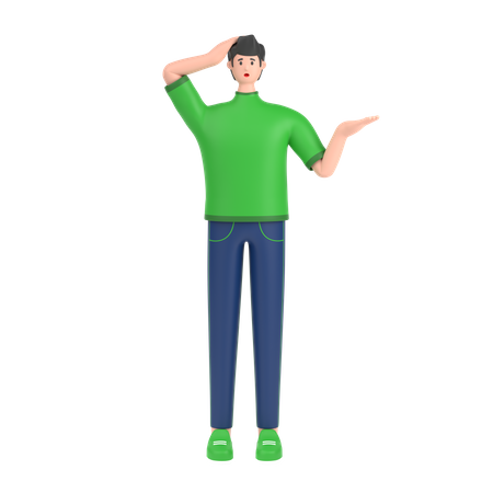 Confused boy open palm showing copy space and holding hand on head  3D Icon