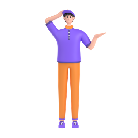 Confused boy open palm showing copy space and holding hand on head  3D Icon