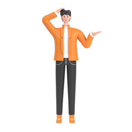 Confused boy open palm showing copy space and holding hand on head  3D Icon
