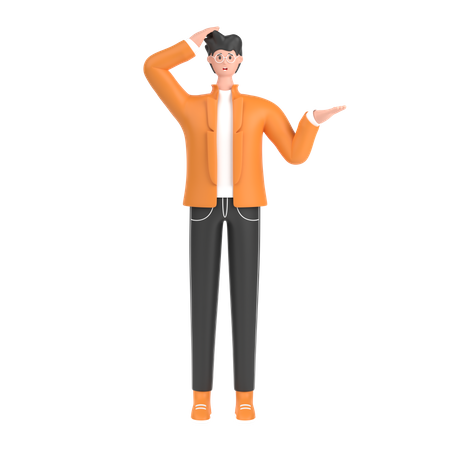 Confused boy open palm showing copy space and holding hand on head 3D Illustration