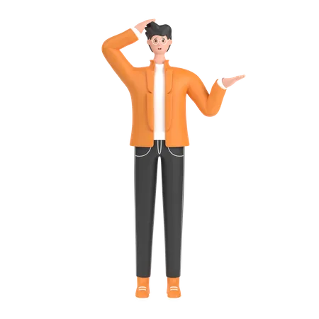 Confused boy open palm showing copy space and holding hand on head  3D Illustration
