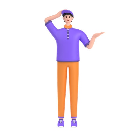 Confused boy open palm showing copy space and holding hand on head 3D Illustration