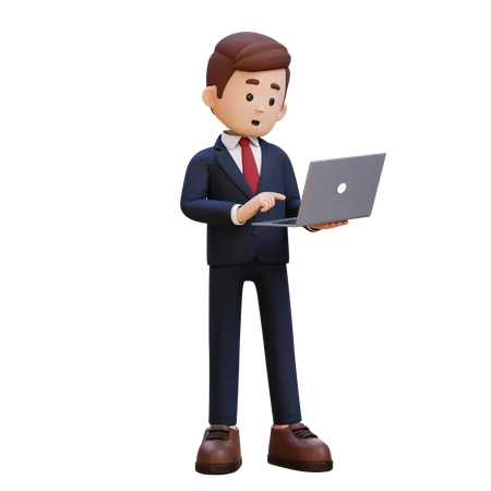 Confused Businessman Standing And Working On Laptop  3D Illustration
