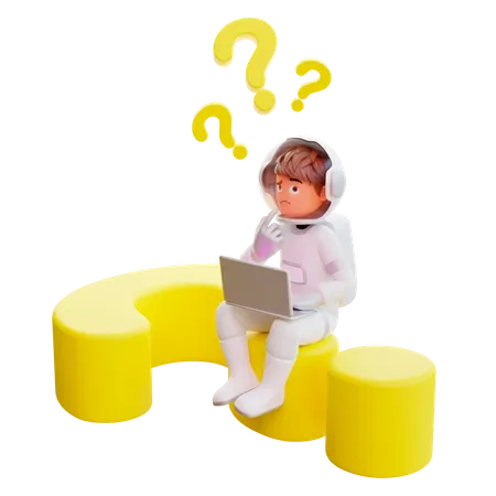 3 D Render Cute Astronaut Sit And Hold Laptop With Question Mark 3D Illustration