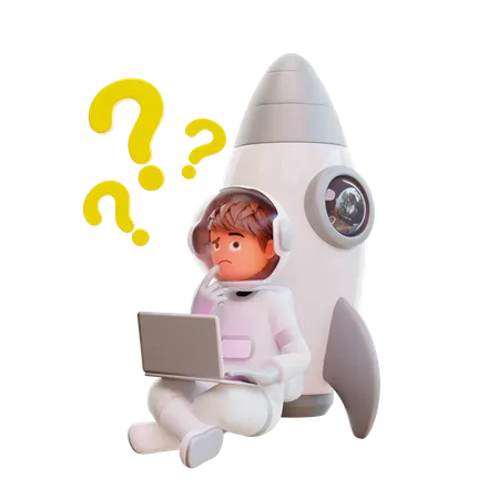 3 D Render Cute Astronaut Sit And Hold Laptop With Question Mark 3D Illustration