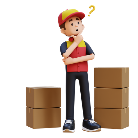 Confused Delivery Man With Question Mark While Standing Next To Shipping Boxes  3D Icon