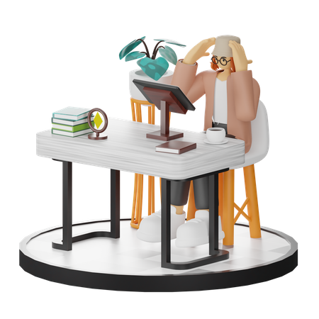 Confused Female Using Computer In Clean Workspace  3D Illustration