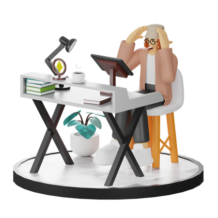 Confused Female Using Computer In Clean Workspace  3D Illustration