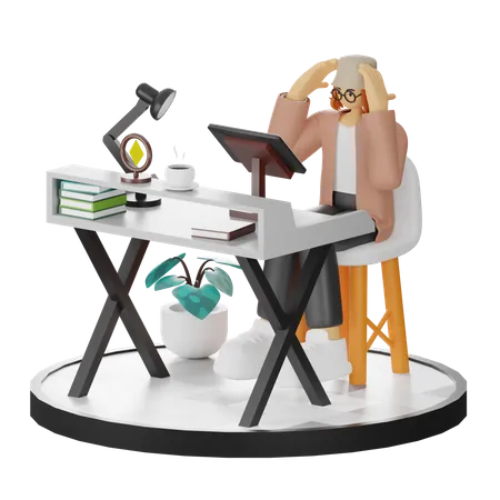 Confused Female Using Computer In Clean Workspace  3D Illustration