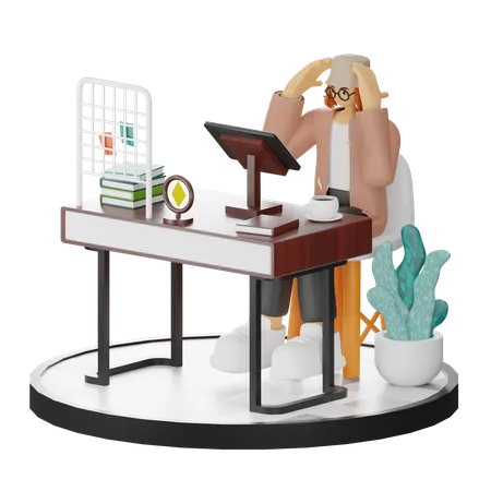 Confused Female Using Computer In Clean Workspace  3D Illustration