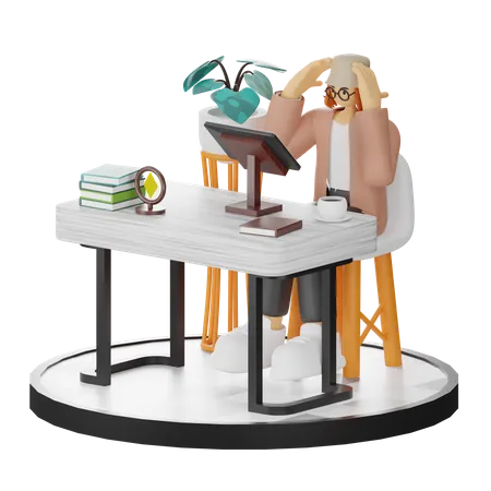 Confused Female Using Computer In Clean Workspace  3D Illustration