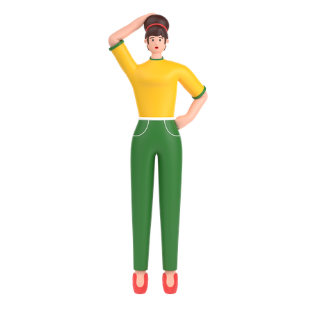 Confused girl open palm showing copy space and holding hand on head  3D Icon