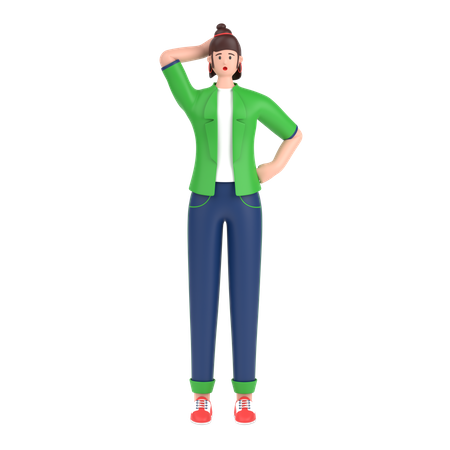 Confused girl open palm showing copy space and holding hand on head  3D Icon