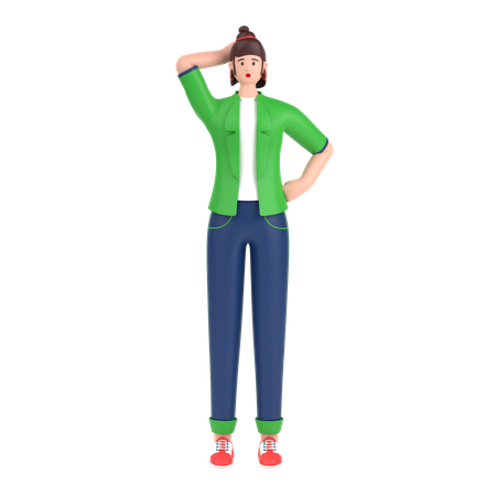 Confused girl open palm showing copy space and holding hand on head  3D Illustration