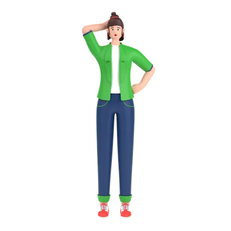 Confused girl open palm showing copy space and holding hand on head  3D Illustration