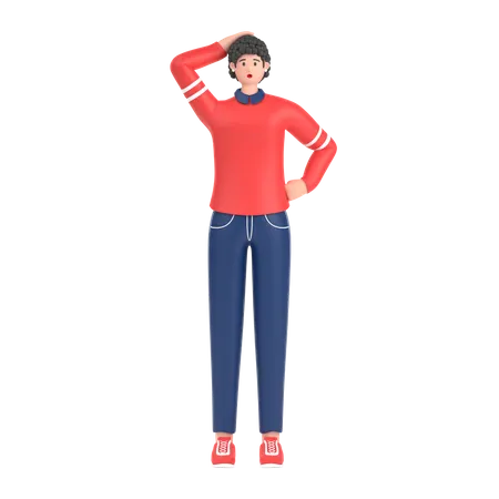 Confused girl open palm showing copy space and holding hand on head  3D Illustration