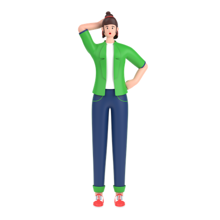 Confused girl open palm showing copy space and holding hand on head 3D Illustration