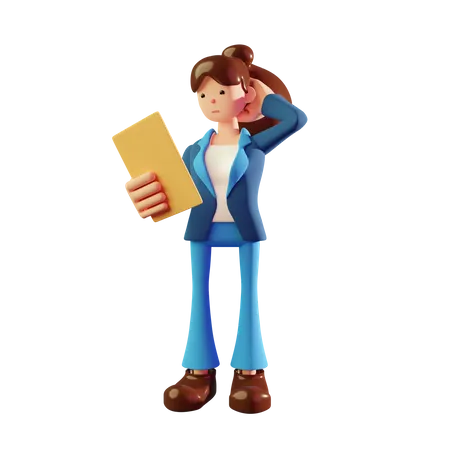 Confused woman holding file  3D Illustration