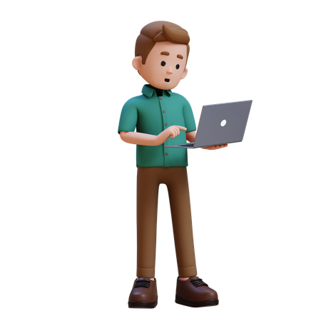 Confused Young Man Standing While Working On Laptop  3D Illustration