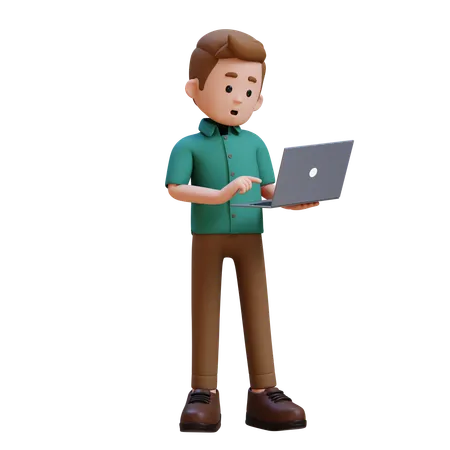 Confused Young Man Standing While Working On Laptop  3D Illustration