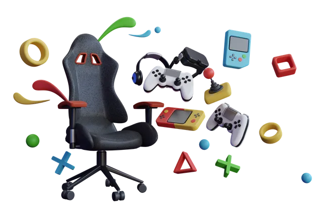 Console de cadeira de jogos pendurado com equipamento de jogos  3D Illustration