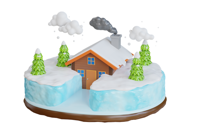Construção de casa na floresta coberta de neve  3D Illustration