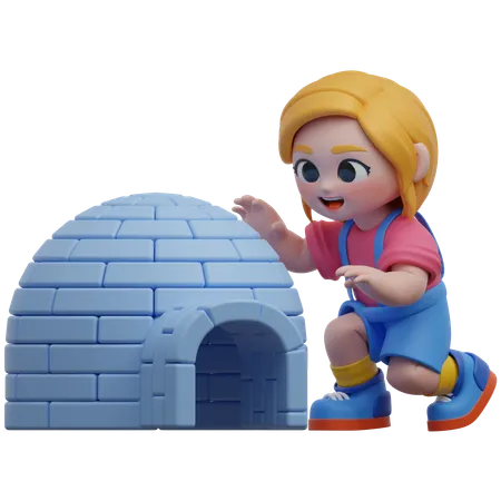 Iglu de construção de personagem feminino  3D Illustration