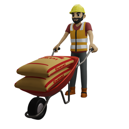 Constructeur poussant un chariot de construction  3D Illustration