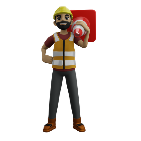 Construction Man Holding Safety Cone  3D Illustration